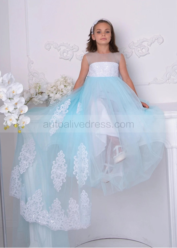 Illusion Neck Blue Lace Tulle Long Flower Girl Dress